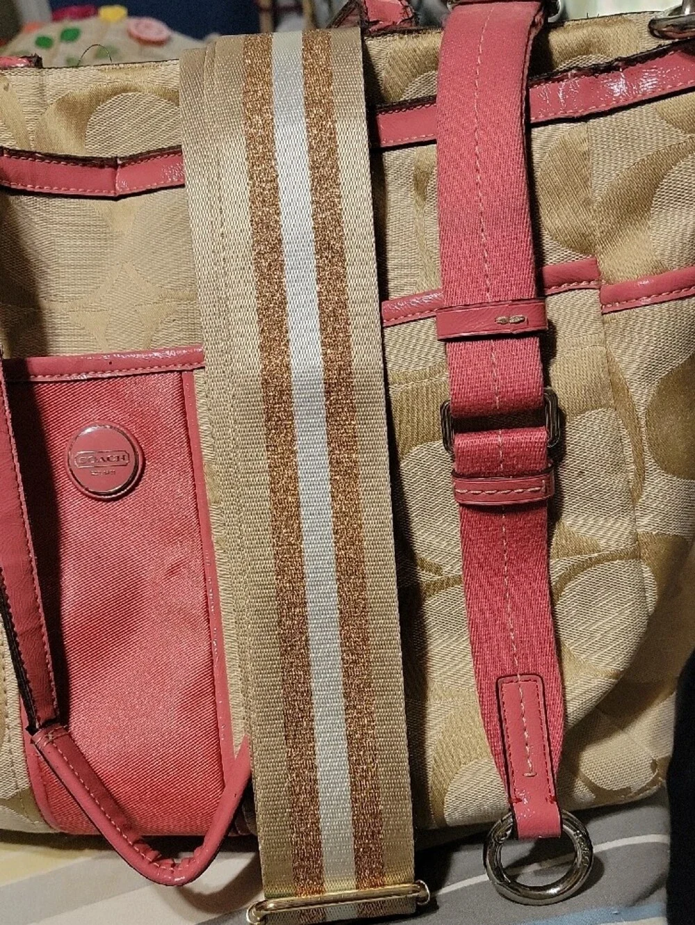 Coach Beige Signature Canvas Tote with Pink Trim, Outside Of Bag ,Badly Stained